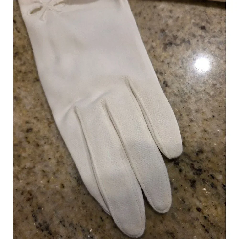 New! Vintage Women's Size S White Nylon Formal Short Gloves Bow Cutout
